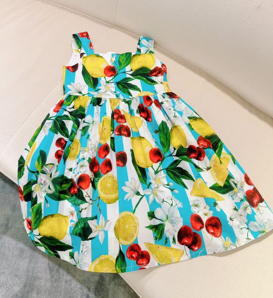 

2024 Free Shipping Baby Girls Sleeveless Fruits Print Beach Dress Kids Summer Clothes Children Dresses, Blue