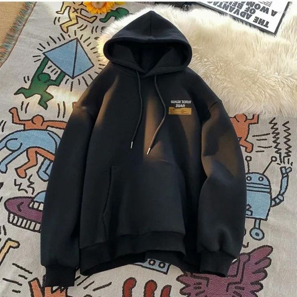 

Hoodies Sweatshirts Mens Letter Printing Hooded Lace-up Front Pockets Winter Plus Velvet Causal Loose Long Sleeve Warm Pullover Versatile Trend, Blue