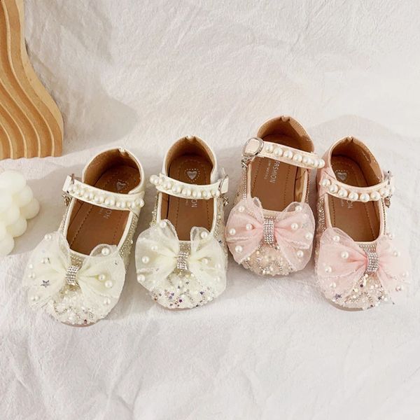 

Children's Leather Shoes Kids Baby Girls Princess Butterfly Bright Diamond Party Flats Shoe Soft Sole PU Leather Shoes 240328, Pink