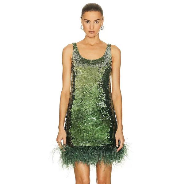 

Cross-border green shiny sequin dress European dresses runway fashion sexy sleeveless designer feather nightclub party dress 1117