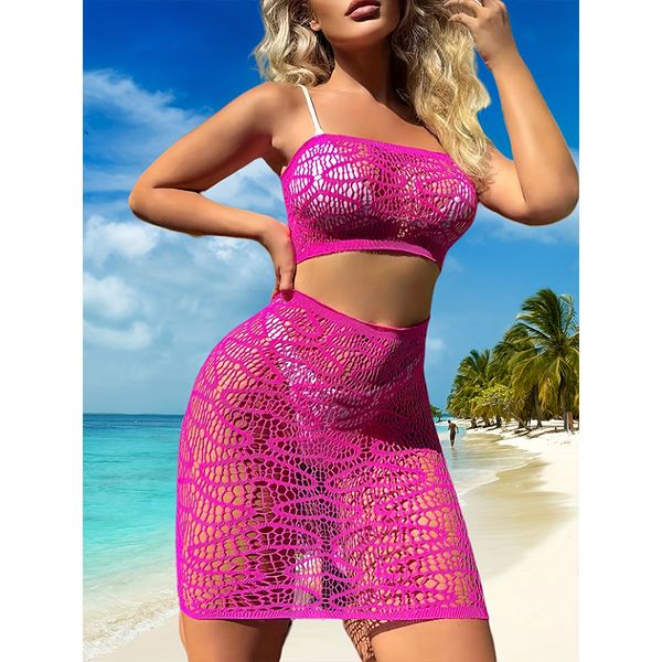 

New sexy set of upper and lower two-piece skeleton see-through sleeveless bustier-style package hip beach outer shirt, Pink