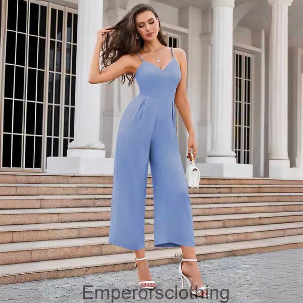 

2024 Summer Womens Sexy Open Back Wide Leg Sling Jumpsuit, Blue