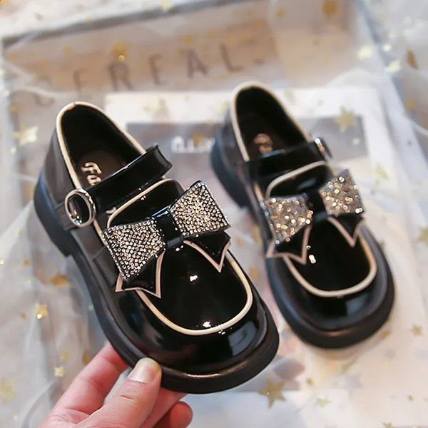 

Children's Leather Shoes Rhinestone bowkont Girls Party Flats Kids Loafers Arrival Student Princess Performance Shoes 240328, Black