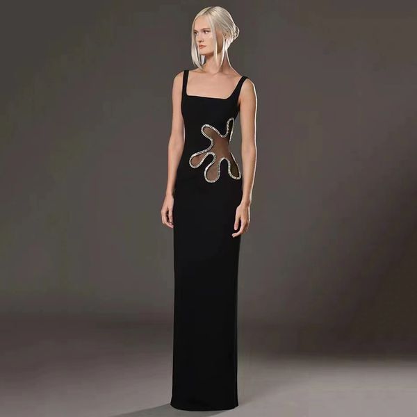 

2024 new IG influencer women black sexy dresses designer mesh see-through luxury rhinestone celebrity party bandage long dress HL2521