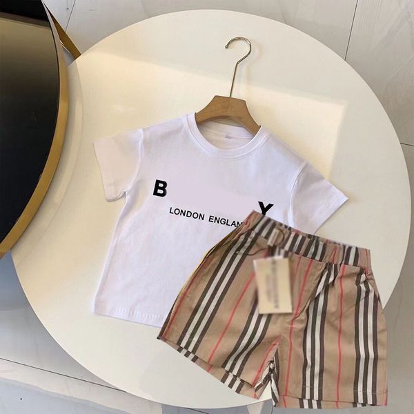 

Kids Clothing Summer Fashion able Children's Set Short Sleeve T-shirt Checkered Striped pants Little letter Men's and Women's Shorts Handsome Two Piece Set, Black