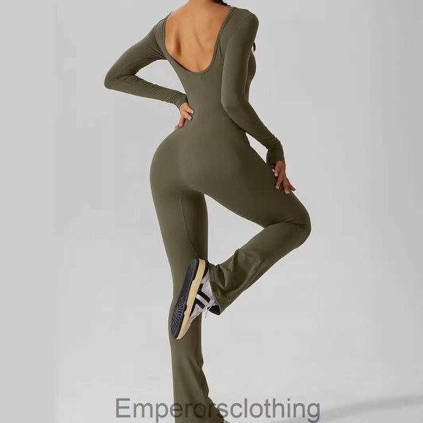 

2023 Womens Long sleeved Tight Waist Lifting Hip Open Back Wide Leg High Elastic jumpsuit, Black