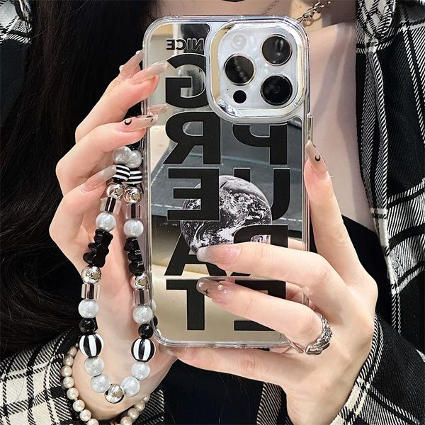 

Glossy Glitter Luxury Global Letters Mirror Phone Case Designer TPU Shockproof Protective Cases for IPhone16 Pro Max 15 14 13 12 11 Pro Max X/XS Max XR Case With Bracelet, Silver