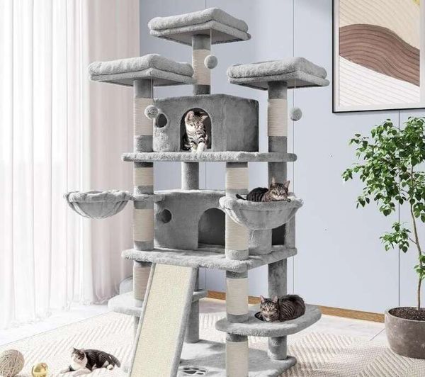 

Cat Tree House: 68'' Multi-Level Condo with Scratching Posts & Tower, Light Grey