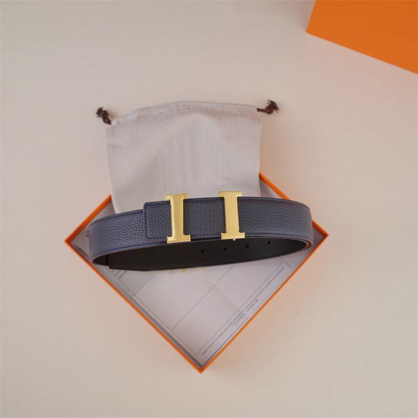 

Designer Belt For Womens Blue Leather Men Belts Luxury Ceinture Gifts Smooth Buckle Waistband Mens Belt With Box, Gold