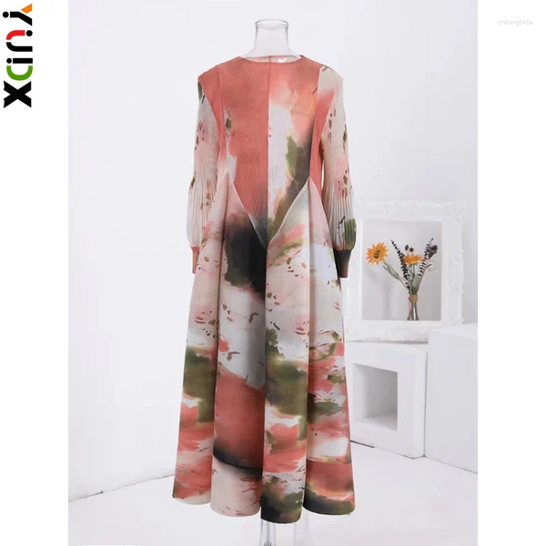 

Casual Dresses YUDX Miyake Vintage Print Design A-line Women's Dress Round Neck Lantern Sleeves Long Fashion Party 2024 Spring, Pink