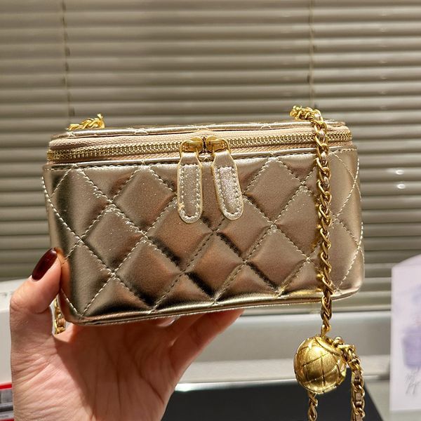 

Designer Women Mini Vanity With Chain Trunk Bag Quilted Lambskin Leather Shoulder Bags Lady Makeup Case Cosmetic Box Gold Ball Weave Chains Strap Crossbody, Lavender