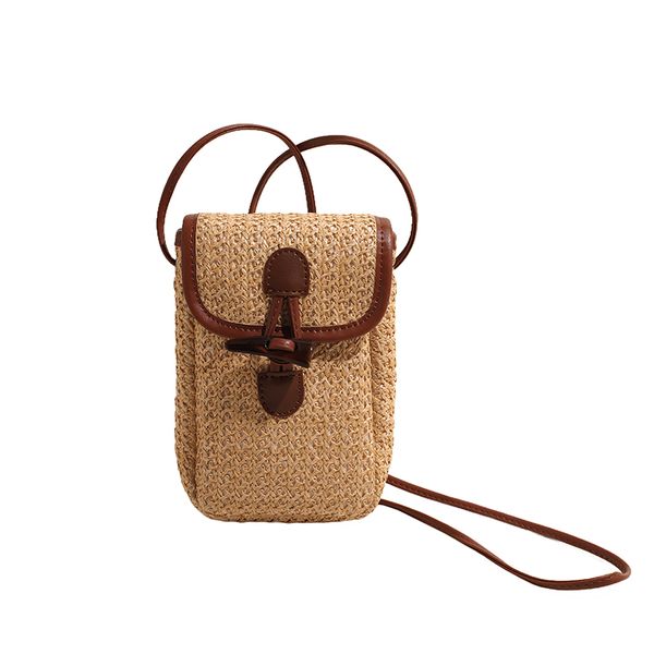 Women Small Crossbody Bag Patchwork Straw Woven Phone Bag Fashion Knitted Phone Pouch Trendy Weave Phone Purse Sling Phone Bag