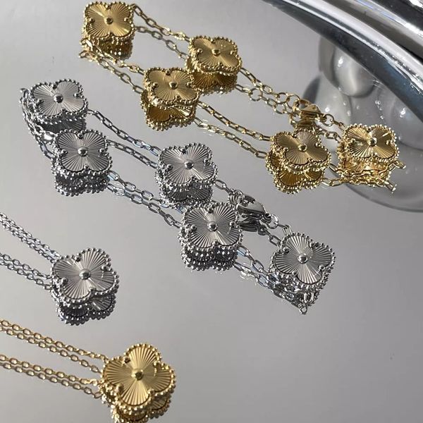 

New Luxury Flower Pendant Necklace Bracelet Earrings Gold Plated Stainless Steel Clover Jewelry Set for Women Christmas Gift