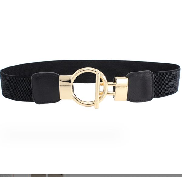 

Factory direct sale in wide waist seal fashion gold round buckle simple lap hook elastic elastic waistband temperament with skirt clothes, Black