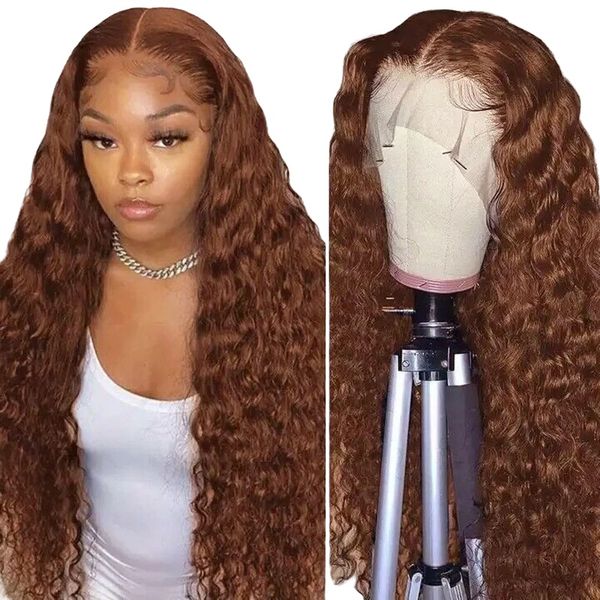 

Dark Brown 13x4 Deep Curly Lace Wig Chocolate Brown Deep Wave Curly Wig for Black Women Pre Plucked with Baby Hair Glueless Like Human Hair Synthetic Fiber