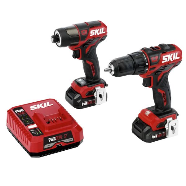 

PWR SKIL Core Brushless 12 Volt Cordless Drill Driver and Impact Kit with two 20Ah Batteries Charger 240407