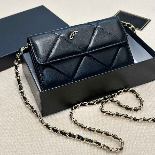 

Female Designer Long Quilted Purse Bag With Gold Metal Hardware Matiras Chain Classic Flap Diamond Lattice Leather Card Holder Purse 19x10cm, Black