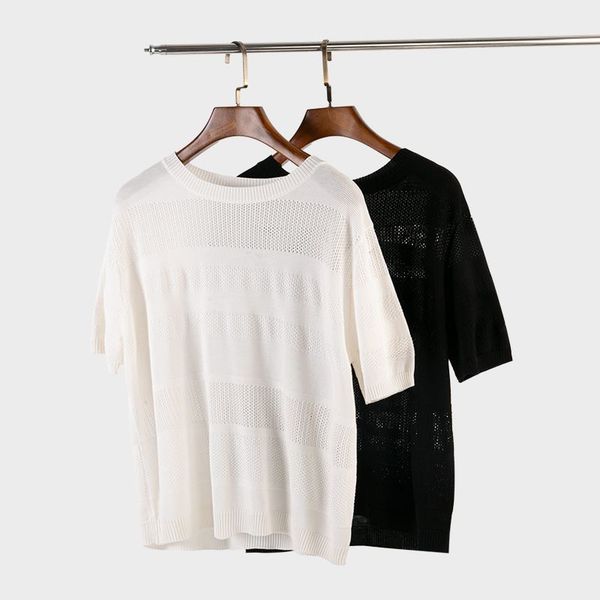 

summer new hollow gentle knitting sweater female ice silk short-sleeve t-shirt for women, White