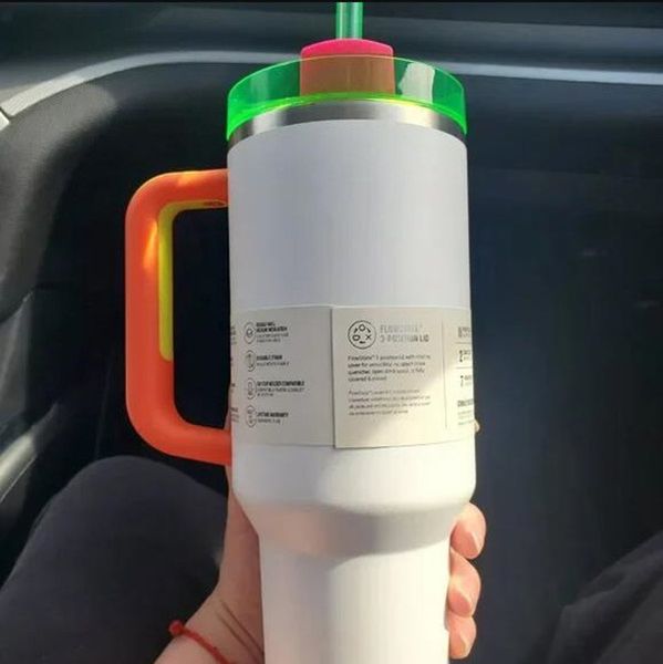

DHL New Electric Neon White Black Yellow H2.0 40oz Stainless Steel Tumblers Cups with handle Lid And Straw Car mugs Pink Water Bottles 0412, Multi-color