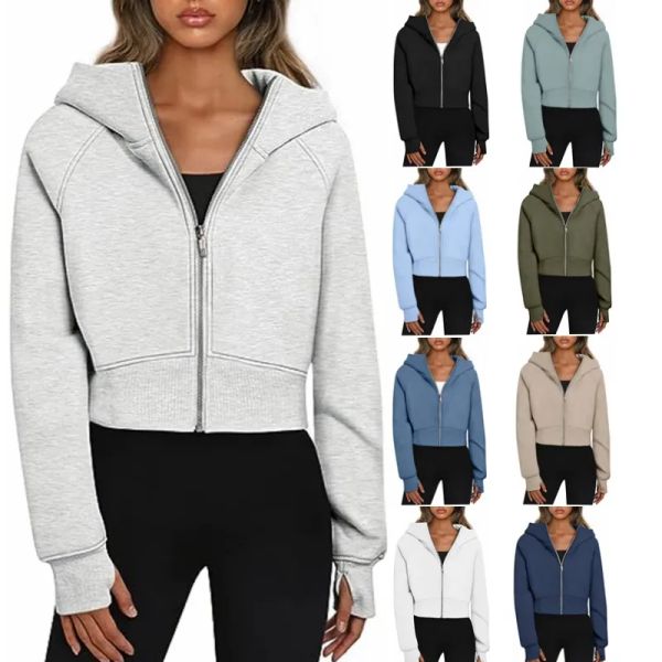 Crop Hoodie Women Fleece Thickened Yoga Jacket Short Full Zipper Sport Hooded Loose Coat Cardigan Sweatshirt