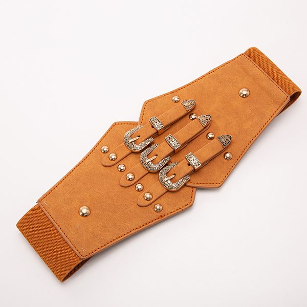 

Factory direct supply wide waistband female elastic waistband dress sub shirt decorative retro fashion elastic girdle outwear, Coffee black gold buckle