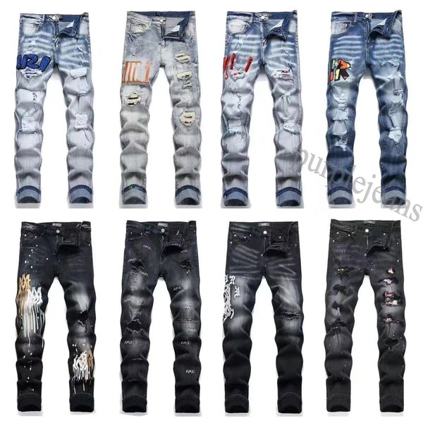 

miri high quality fashion mens jeans cool style designer denim pant distressed ripped biker black blue jean slim fit, Red