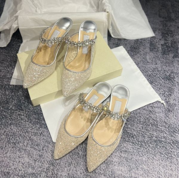 

Designer women Rhinestones half Slippers sandals drill slim heel lady wedding high-heel sandals and shoes Flat Crystal shoes with box 34-42, White 7cm