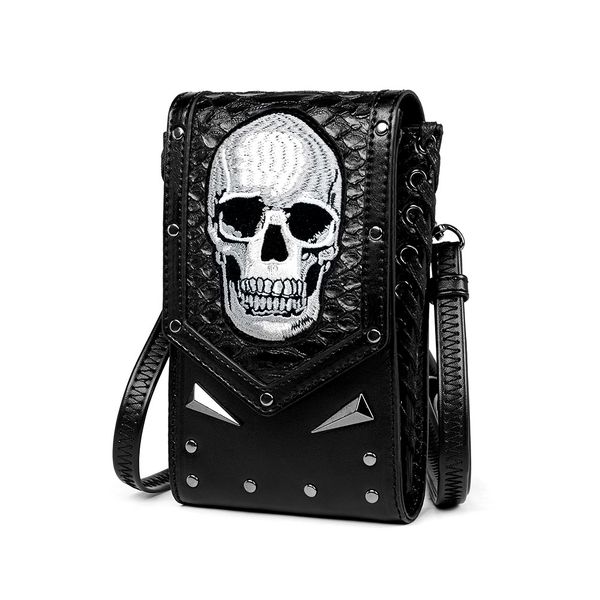 

Outlet factory men shoulder bag daily Joker black embossed leather backpack niche popular crocodile mobile phone bag personality skull punk messenger bag 088#