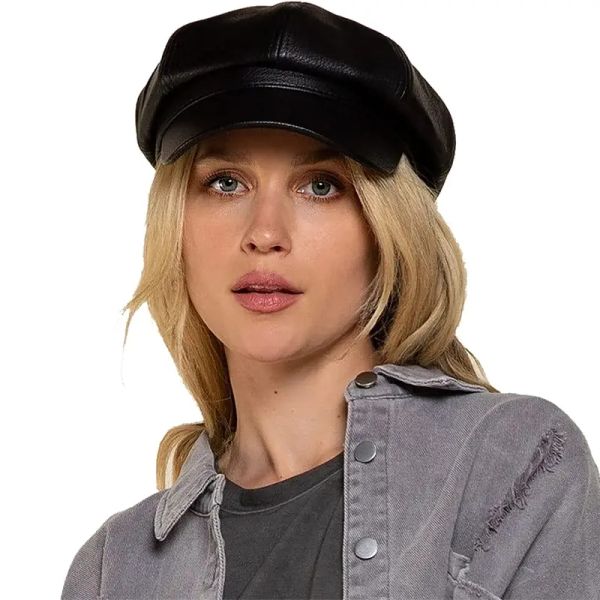 

Autumn Winter Hats for Women Solid Plain Octagonal Newsboy Cap Men Ladies Casual PU Leather Hat Winter Beret Painter Cap, Black