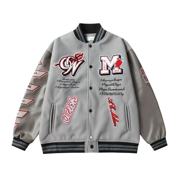 

American Man Outdoor Woolen Coat Varsity Leather Sleeve Men Casual Plus Size Baseball Jacket Designer Letter Embroidery, Gray
