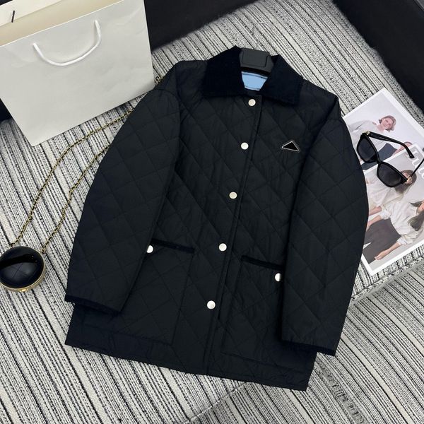 

Womens Designer Jacket Winter Down Coat Corduroy Jacket Parkas Coats Fashion Argyle Classic jackets Unisex Outwear Metal label, Black