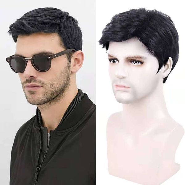 

Mens wig black chemical fiber wig head cover with partial split mens elastic inner net short hair cover wigs