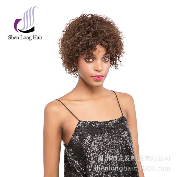 

Human Hair Wig Full Machine Head Cover Short Curly Hair Brown Natural Black, 1b