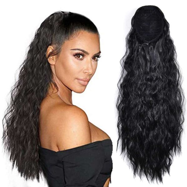 

Corn perm wig with ponytail drawstring mesh pocket style wig wool roll fluffy long ponytail braid, Natural black