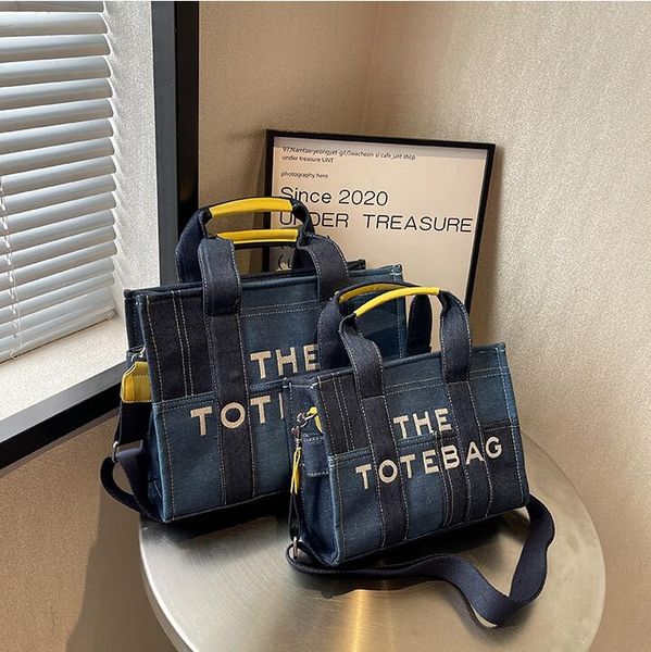 

wholesale ladies shoulder bag 2 colors simple and light denim canvas tote bag large horizontal color matching fashion handbag daily Joker letter handbag 5318#, Image colors