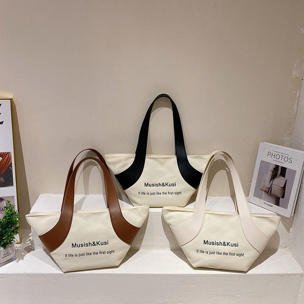 

Wholesale ladies shoulder bag 3 colors literary fan color matching leather handbag daily Joker thick canvas backpack simple Joker underarm bag 2234#, Black