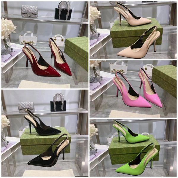 

Fashion Women's High Heels 10.5cm Sexy Pointed Toes Metal logo Thin Heel Hollowed-out Back Fashion Shoes, Green