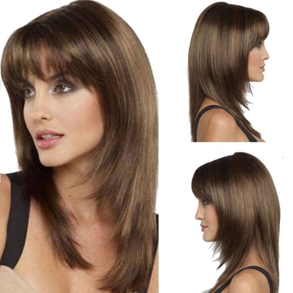 

Wig female pear flower head fade highlights layered medium long micro curly straight hair, Mixed brown wig610