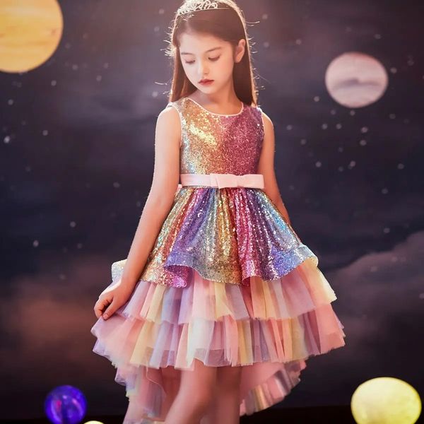 

Girls sweet elegant bow mesh runway gradient sequin skirt, princess birthday party dress, Blue