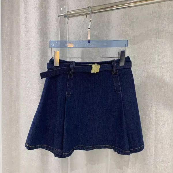 

denim skirts miui Summer Metal buckle waistband high waisted short skirt A line Fashionable design denim short skirt, Blue