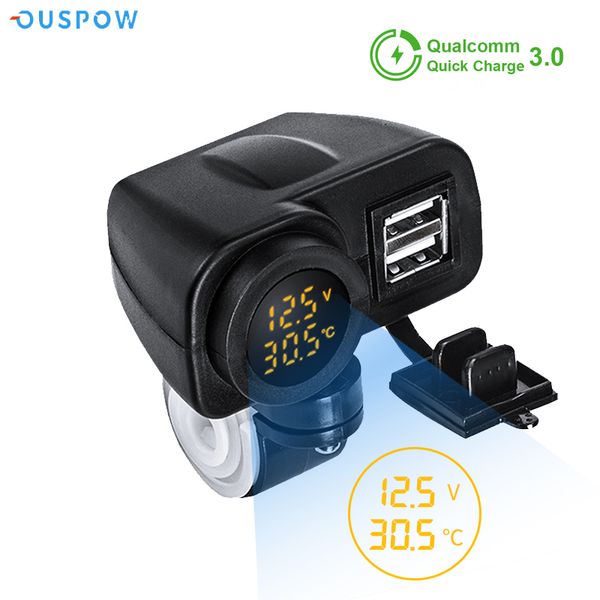 Ouspow Motorcycle Charger 12V 36W QC3.0 Digital Display Dual USB Phone Fast Voltmeter Thermometer Socket