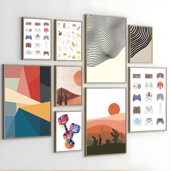 

2 pieces Wooden Framed Canvas Poster zon en maan, moderne woestijn uit het midden van de eeuw, cactuskunst