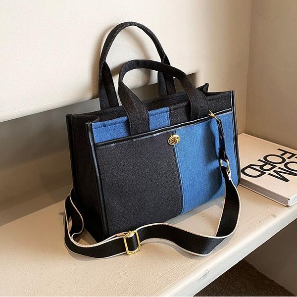 

Wholesale ladies shoulder bag 3 colors literary fan color matching canvas handbag street trend two color denim tote bag Joker minimalist fashion backpack 1912#, Image colors