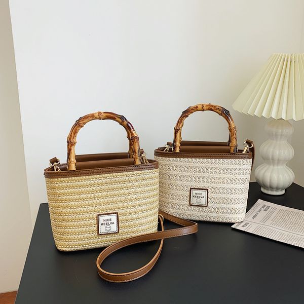

Mirror Designer Handbags Small Straw Bucket Bags For Women 2025 Summer Lady Travel Purses Female Shoulder Crossbody Bag Bolsa, Beige