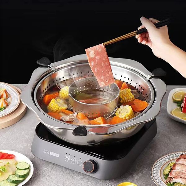 

Steel Stainless Rotating Pot Durable With Lifting Drainage Basket Magnetic Free cookware set 240407, Black