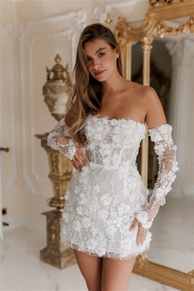 New Short Wedding Dress Strapless wer Embroidery Lace Up Bridal Party Gowns Vestido Novias Robe De Mariage