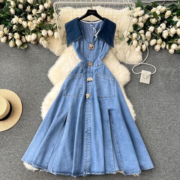 

Casual Dresses Designer Denim Dress Women Long Single Breasted Big Turn-down Collar Waist Slimming Temperament Split A-Line Vestidos, Blue