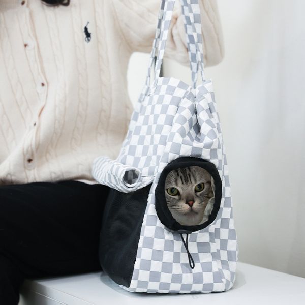 

Factory wholesale pet bag 4 colors light and warm fashion pet backpack folding breathable mesh fashion cat shoulder bag plaid puppy bag 6014#, Grey