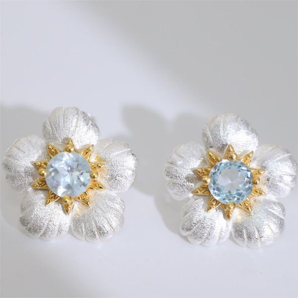 

Italian handmade brushed frosted flower natural topaz earrings 925 sterling silver high quality light luxury niche women