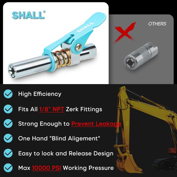 SHALL Grease Gun Coupler 10000 PSI 1/8" NPT Grease Fittings High Pressure Grease Nozzle Oil Pump Car Syringe Lubricant
